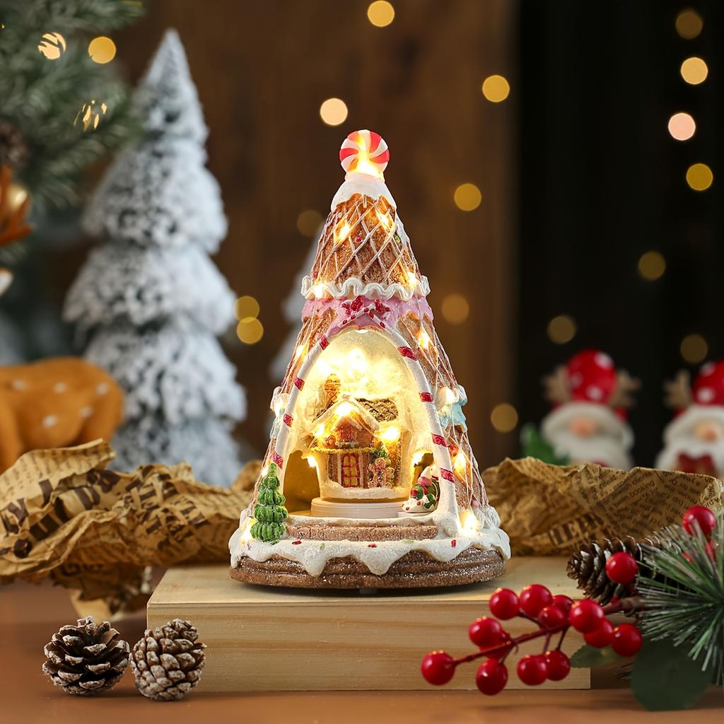 1pc Resin Music Cottage Rotating Train LED Music Box Night Light Christmas Ornament Holiday Gift Decorations