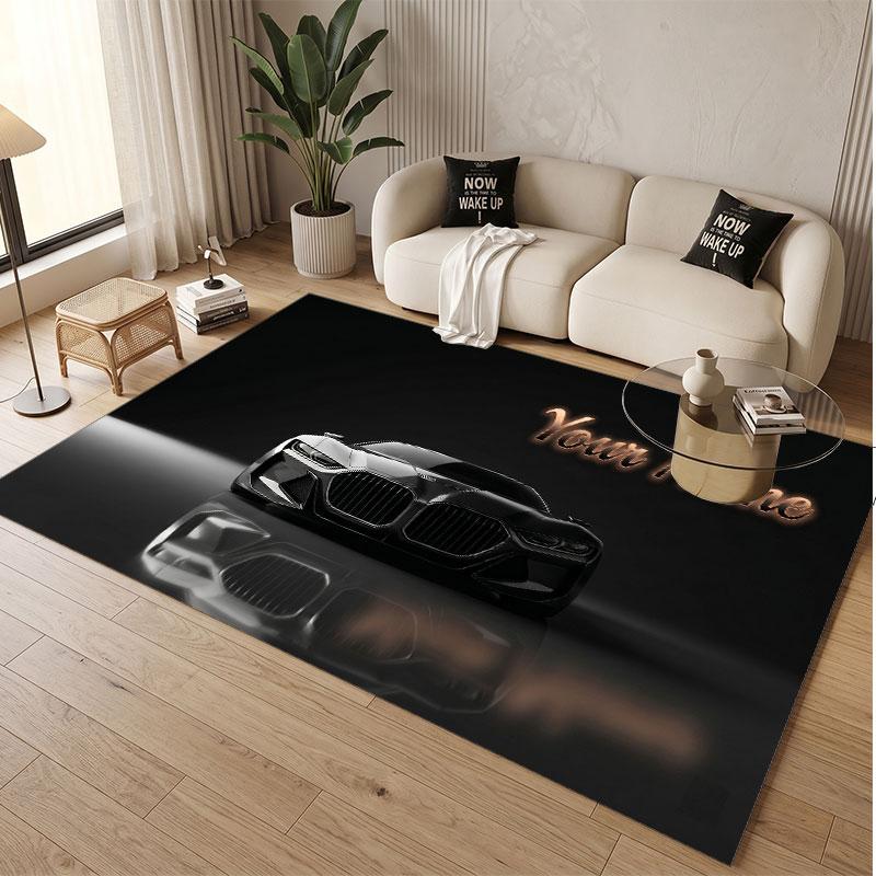 Auto-Rennsport-Thema Weicher Kristall-Samt Teppich Benutzerdefinierter Name & Text Druck Rutschfester Boden Teppich für Schlafzimmer Wohnzimmer