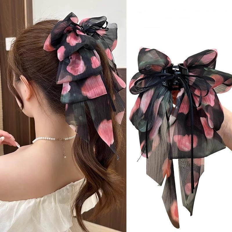 Drcená květina Vícevrstvá mašle Vlající stuha Sponka do vlasů Dámská Nízký ohon Skřipec na vlasy Zadní část hlavy Žraločí skřipec