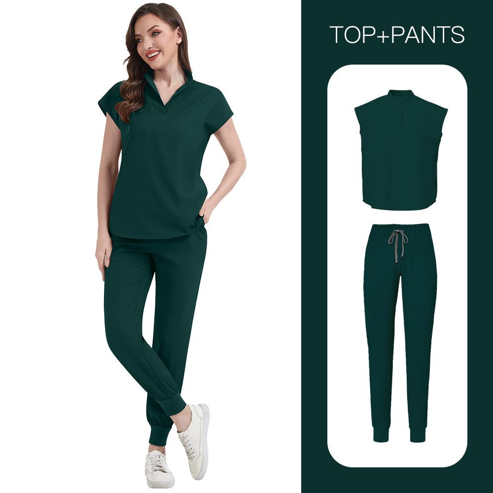 Women's Loose and Comfortable V-neck Short Sleeved Workwear with Multiple Pockets and Beauty Suit Set