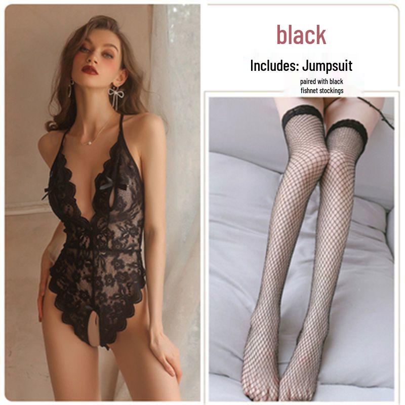 Pure Desire Lace Sleepwear Set: Sexy See-Through, Deep V, Backless, Open Crotch, Removable for Ultimate Temptation