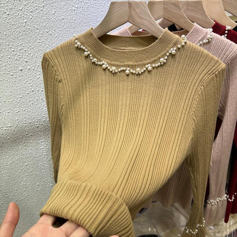 Podzimní Nový Svetr Pletený s Korálky Dlouhý Rukáv Dámský Zimní Slim Fit Základní Pulovr Svetry pro Ženy Módní Elegantní Jednobarevné Teplé Svetry Topy 24868