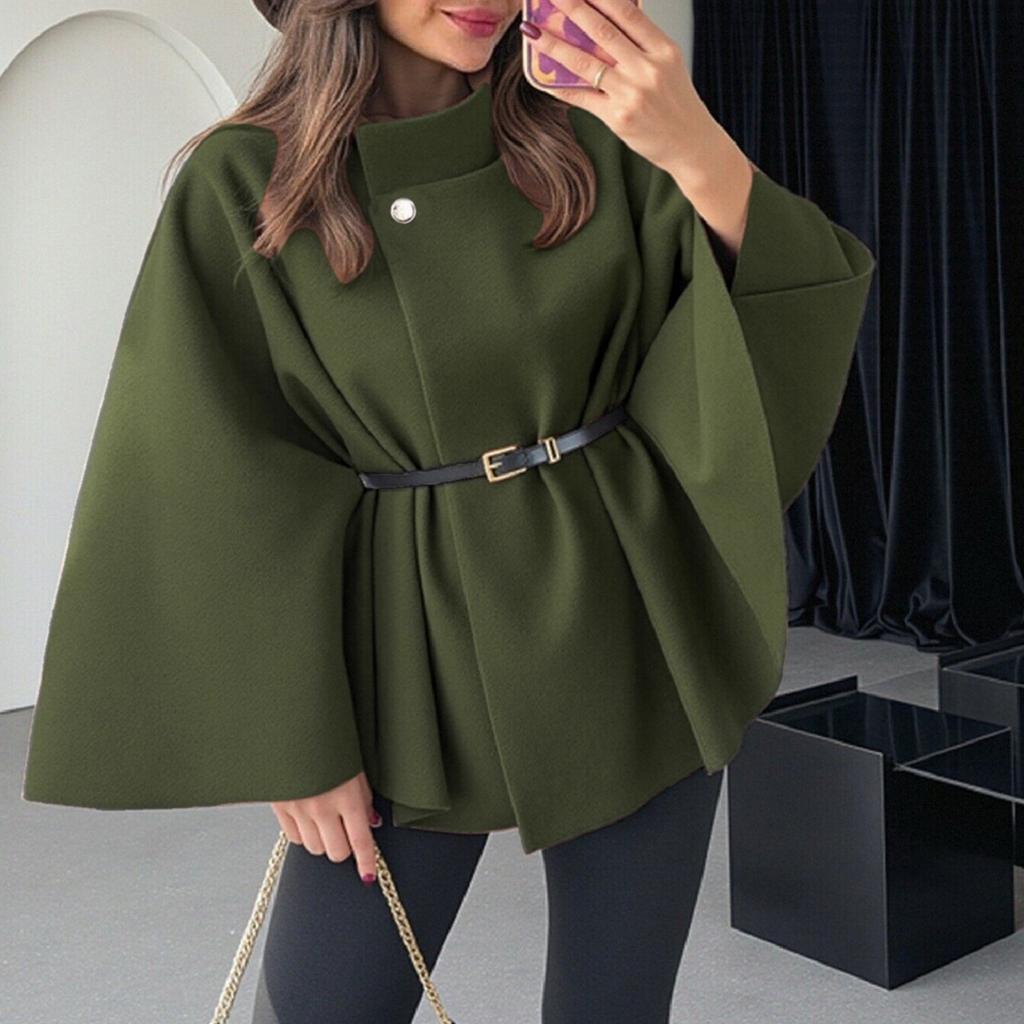 Women's Fashion Solid Waist Tie Woolen Cape Coat
