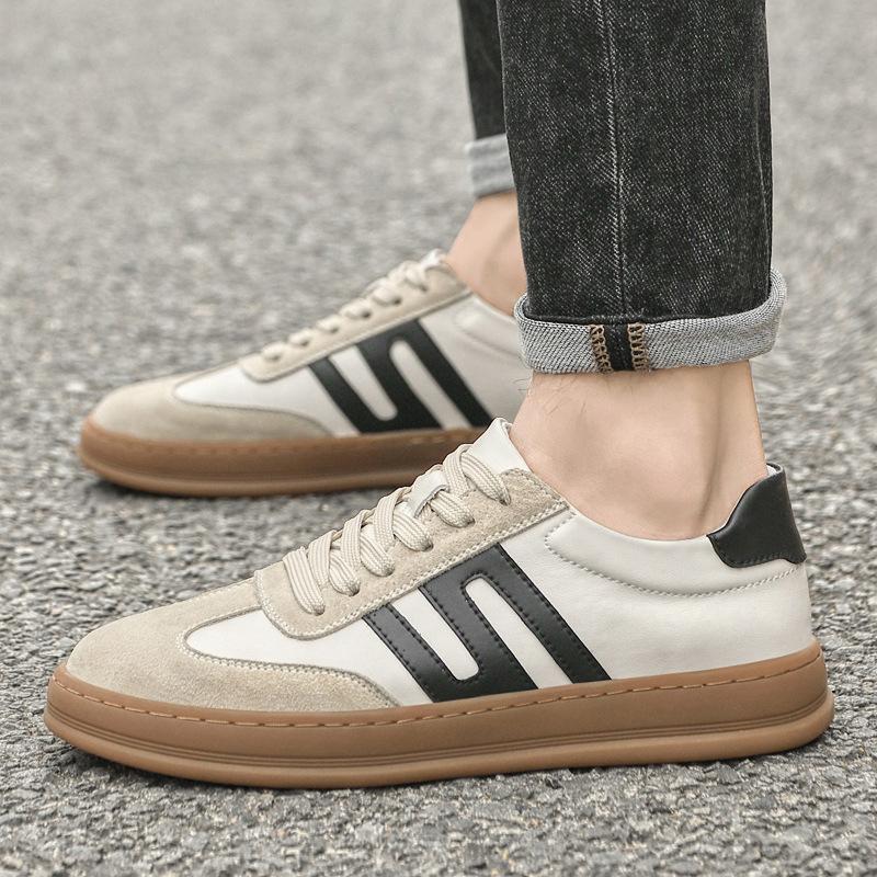 New Shoes for Men Genuine Leather Casual Shoes Fashion Striped Flat Skateboard Shoes Youth Trend Lace-up Sneaker