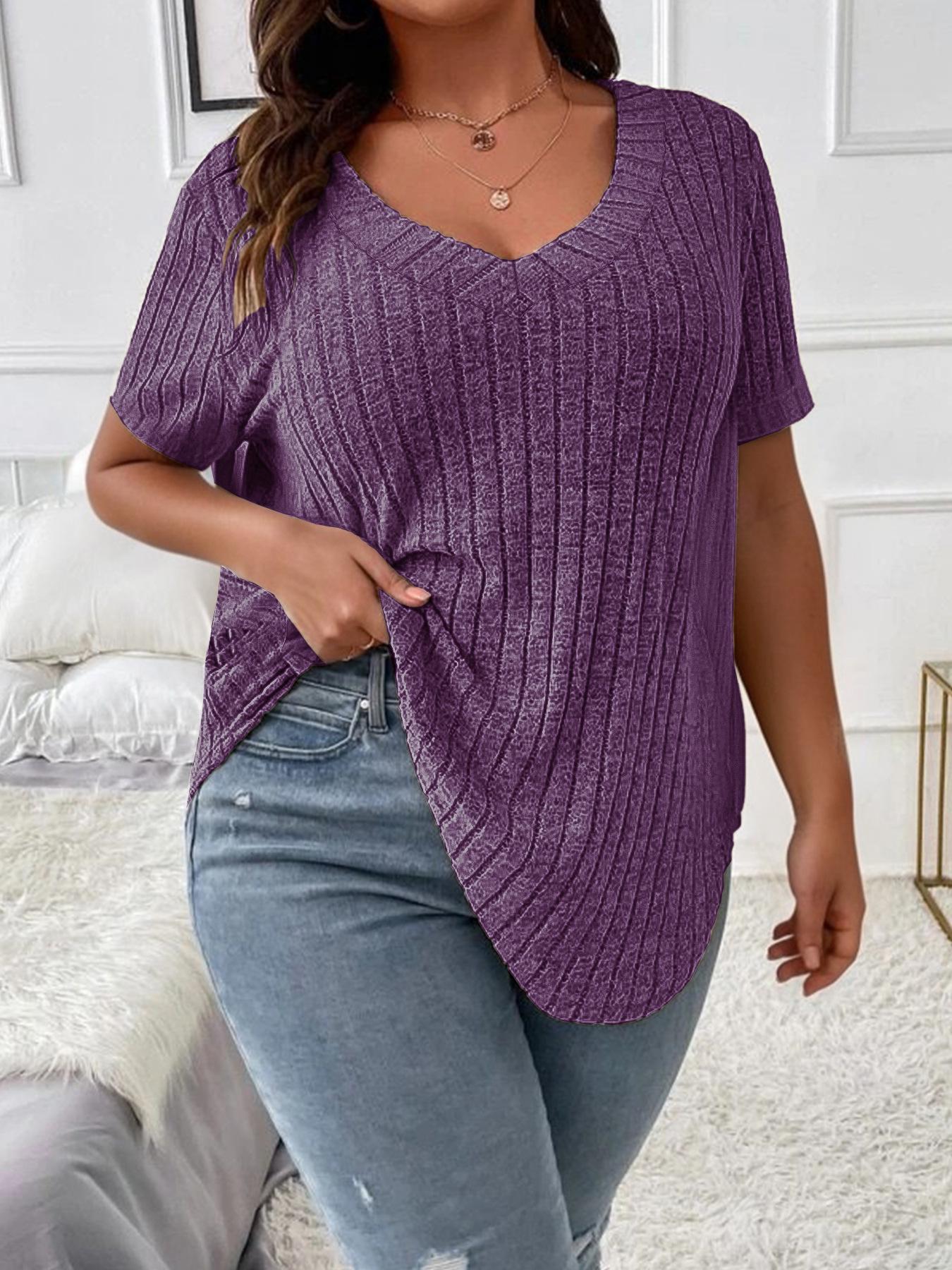 

2025 Spring/Summer V-Neck Loose Ribbed Brushed Women s T-shirt 3XL фіолетовий