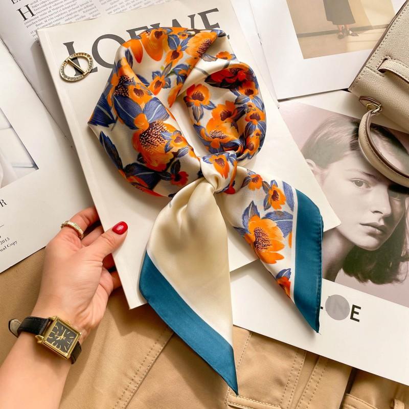 Elegant Silk-Like Square Scarf Women Korean Style Print Neck Lightweight 70x70cm Nylon Fashion Accessory