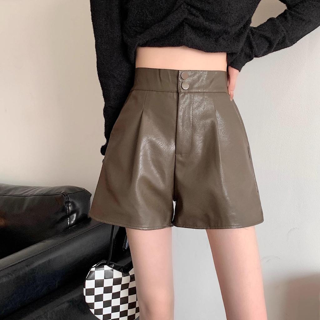 Women's High-Waist PU Leather Shorts, Autumn/Winter 2024, Slim A-Line Brown Wide-Leg Pants, Suitable for Outerwear or Boots.