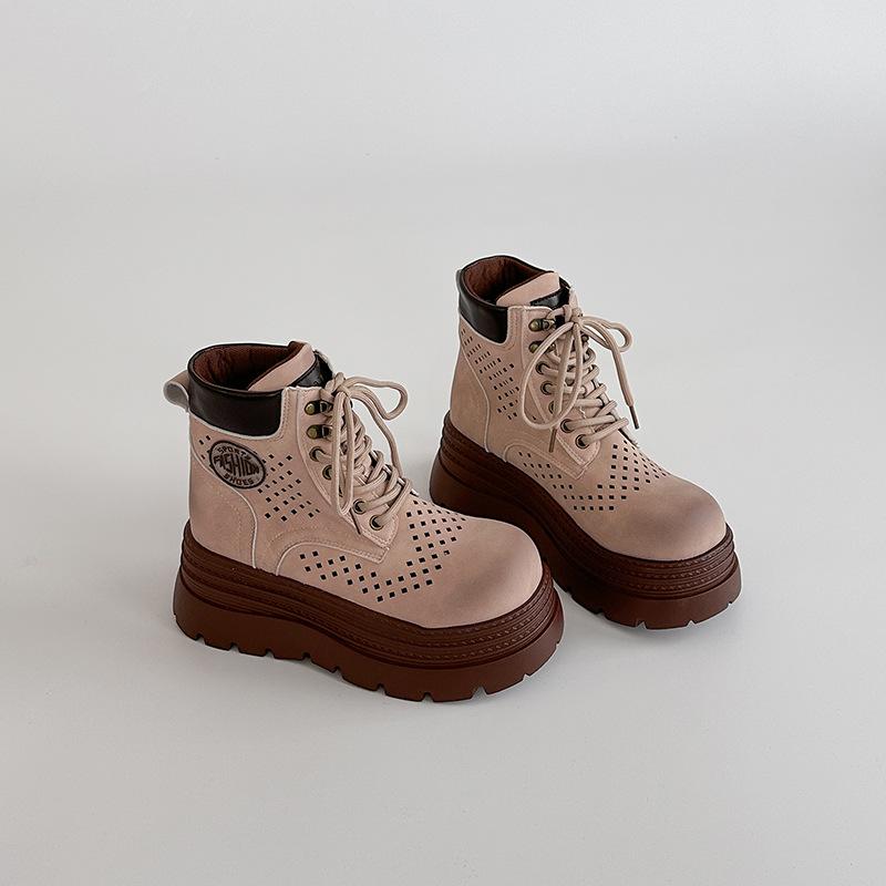 Fashion Hollow Breathable Casual Flat Bottom Martin Boots Autumn Retro Lace-Up Women's Thick Bottom Short Boots Small Boots