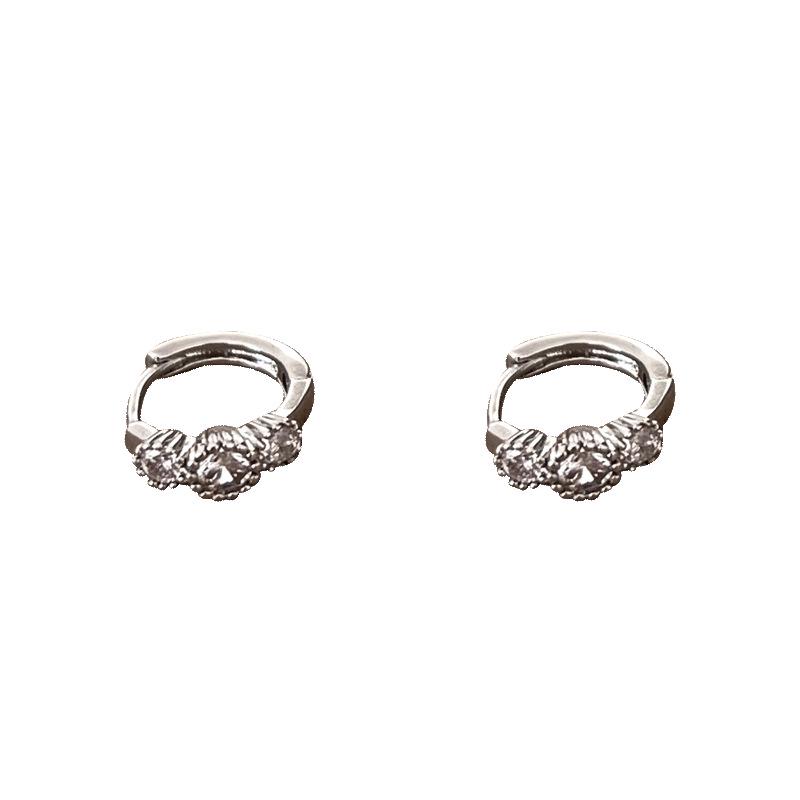 Silver Micro-Paved Three-Zirconia Ear Hoops: Elegant & Comfortable Japanese-Style Earrings