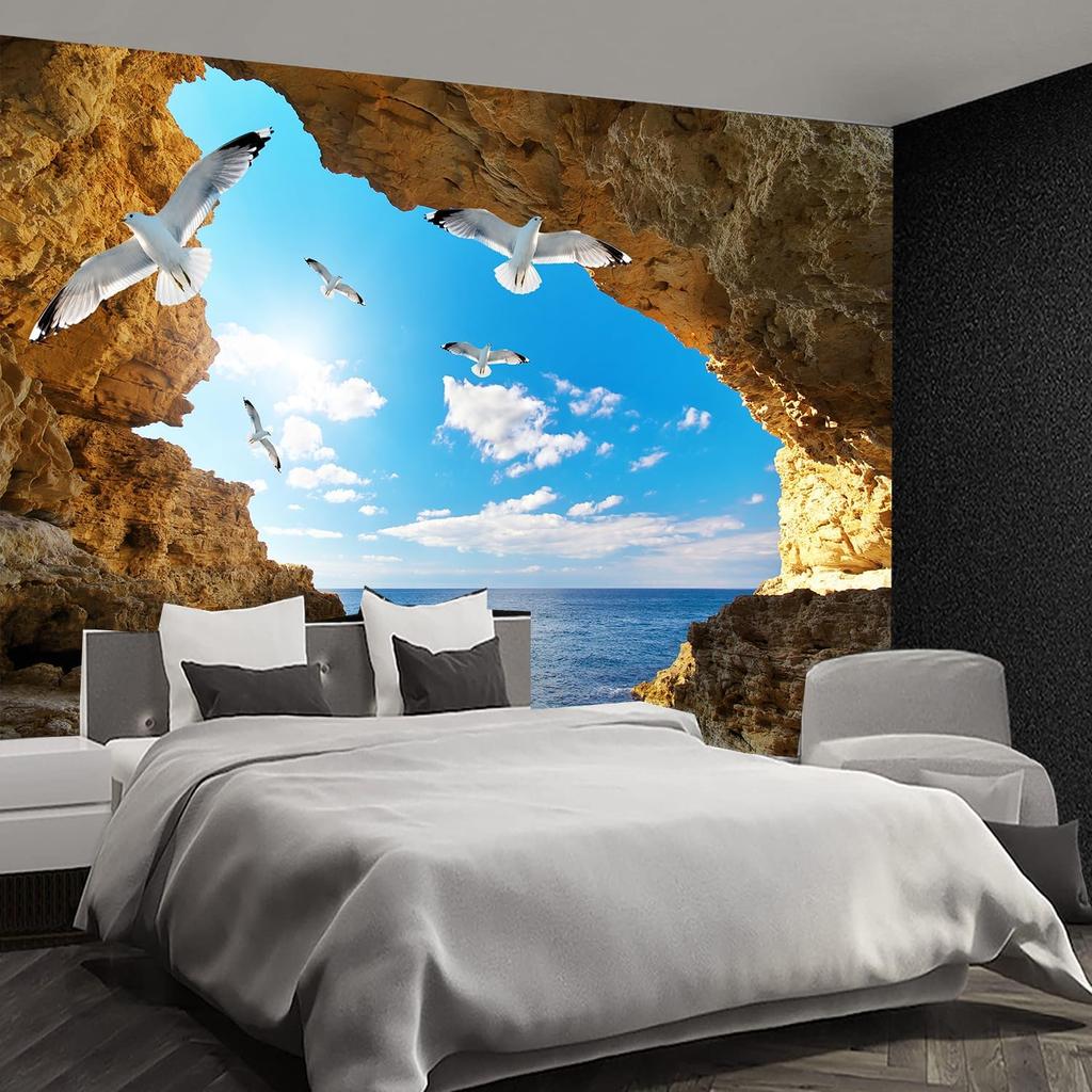 Sea Cave Tapestry Wall Hanging Blue Ocean Sea Scenic Tapestries Seagull Nature Landscape Beach Island Large Wall Tapestry for