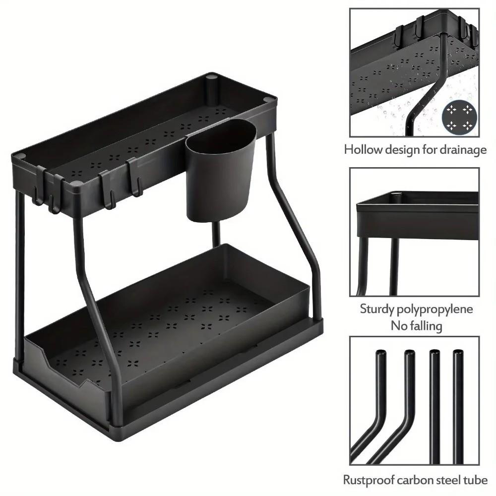 Durable 2-Tier Under Sink Organizer Pull-out Space Saving Cabinet Storage Box with Hook Drawer Storage Rack Bathroom