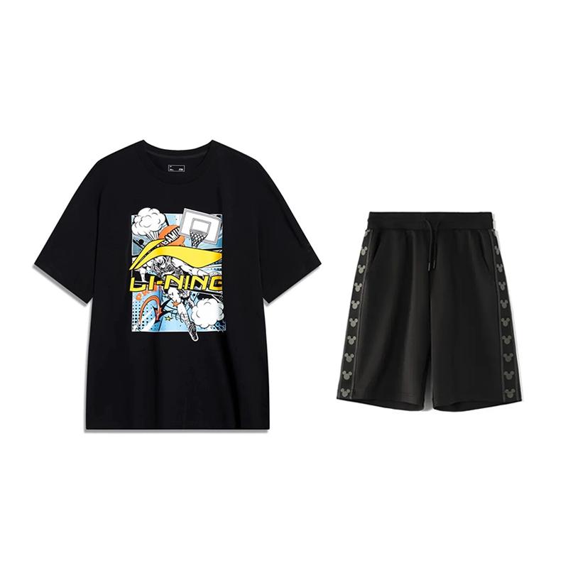 

Li-Ning Cartoon Big Logo Letter Short Sleeve Comfortable Fashion Casual Sports Suit Unisex suit Black AHSU805-1+YKSV129-2 M