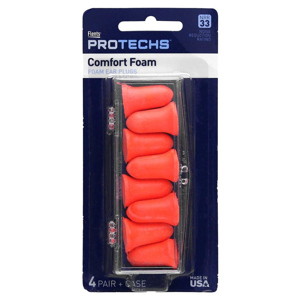 Protechs, Comfort Foam, Foam Earplugs, 4 Pairs + Case