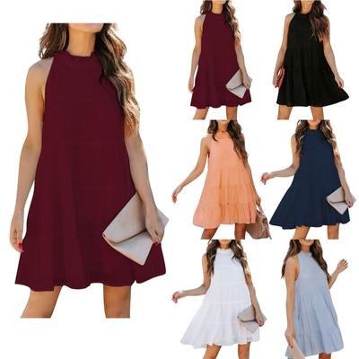 Women's Dresses Round Neck Wooden Ear Collar Casual Loose Sleeveless Pleated Large Hem Solid Color A-line Dresses
