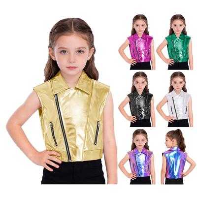Unisex Kids Shiny Metallic Turn Down Collar Jacket Vest Sleeveless Outerwear