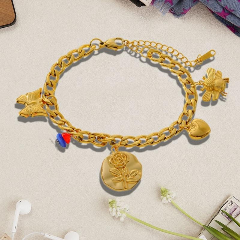 Stylish Multi Charm Bracelet Multi Pendant Bracelet with Flower and Heart Details Elegant Wrist Chain Jewelry