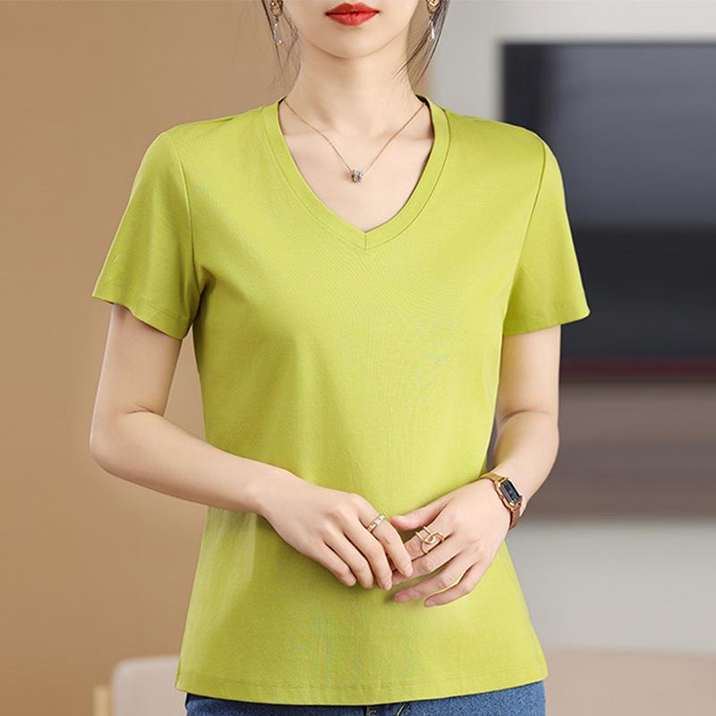 Women's V-Neck Mercerized Cotton Short-Sleeve T-Shirt - 2025 Summer Collection, Sweetheart Neckline