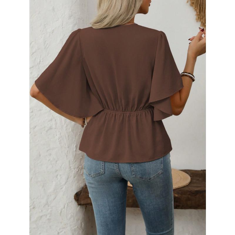 Women S V Neck Solid Color Single Breasted Waist Short Sleeve Blouse