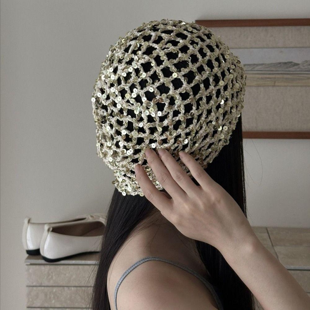 Hollow Sequin Woven Cap Vintage Beanie Hats Retro Sequin Bucket Hat  Spicy Girls