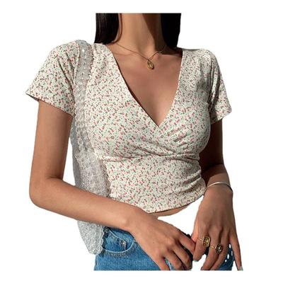 Summer French Retro Floral V-neck Short-sleeved T-shirt Slim Slimming Wild High Waist T-shirt Women's Top