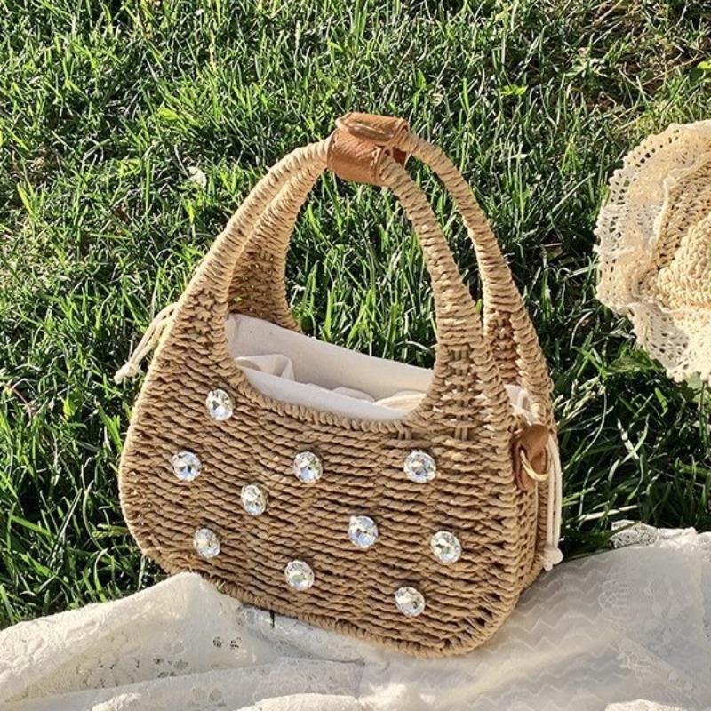Summer Braided Tote with Diamond Set for Holiday Style Cross-body Bag