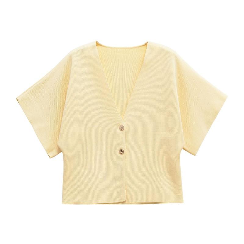 Womens Minimalist Knit Cardigan V-neck 5 Sleeve Button Detail Street Style Solid Color Top