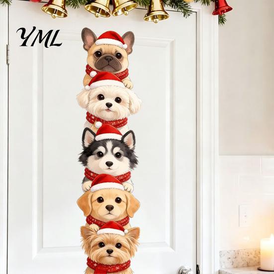 Removable Dog Pattern Stickers Christmas Puppy Wall Stickers, Self-adhesive Decals for Walls Doors, PVC Stacked Puppies Festive Indoor Murals