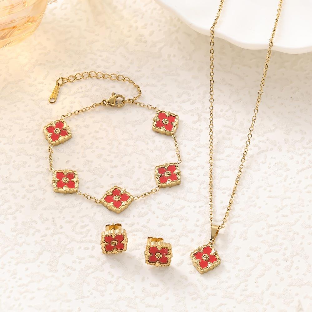 3PCS diamond clover five flower bracelet necklace earrings stainless steel jewelry set