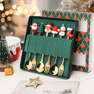 6-teiliges/Set Edelstahl Löffel Gabel Set Weihnachtsmann Schneemann Rentier Weihnachtsbaum Hut Dekor Geschirr Feiertagsparty Zubehör