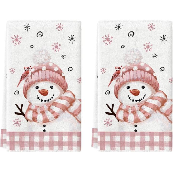 Artoid Mode Red Black Buffalo Plaid Bird Snowman Winter Kitchen Towels Dish Towels, 18x26 Inch Farmhouse Snowflakes Decoration Cleaning Set of 2