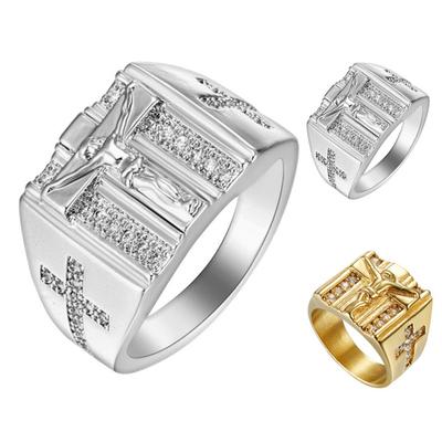 Elegante anello intarsiato con zirconi intagliati con croce di Gesù, regalo di gioielli da sposa unisex