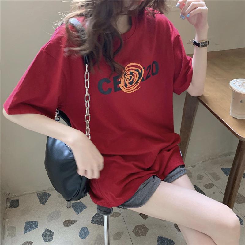 2024 Korean Summer Loose Round Neck Letter Print Mid-Length Casual Short Sleeve Women's T-Shirt