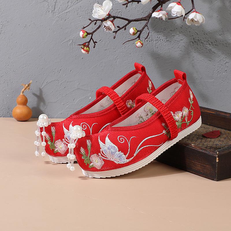 Girls' Pearl Butterfly Bottoming Embroidered Sandals Student Chinese Style Hanfu Costume Performance Cloth Shoes