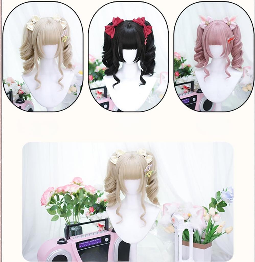 Princess cut, fluffy, natural curls, Harajuku-style Lolita wig with pigtail net, heat-resistant, dreamy, cute, cosplay, and everyday wear (pink)