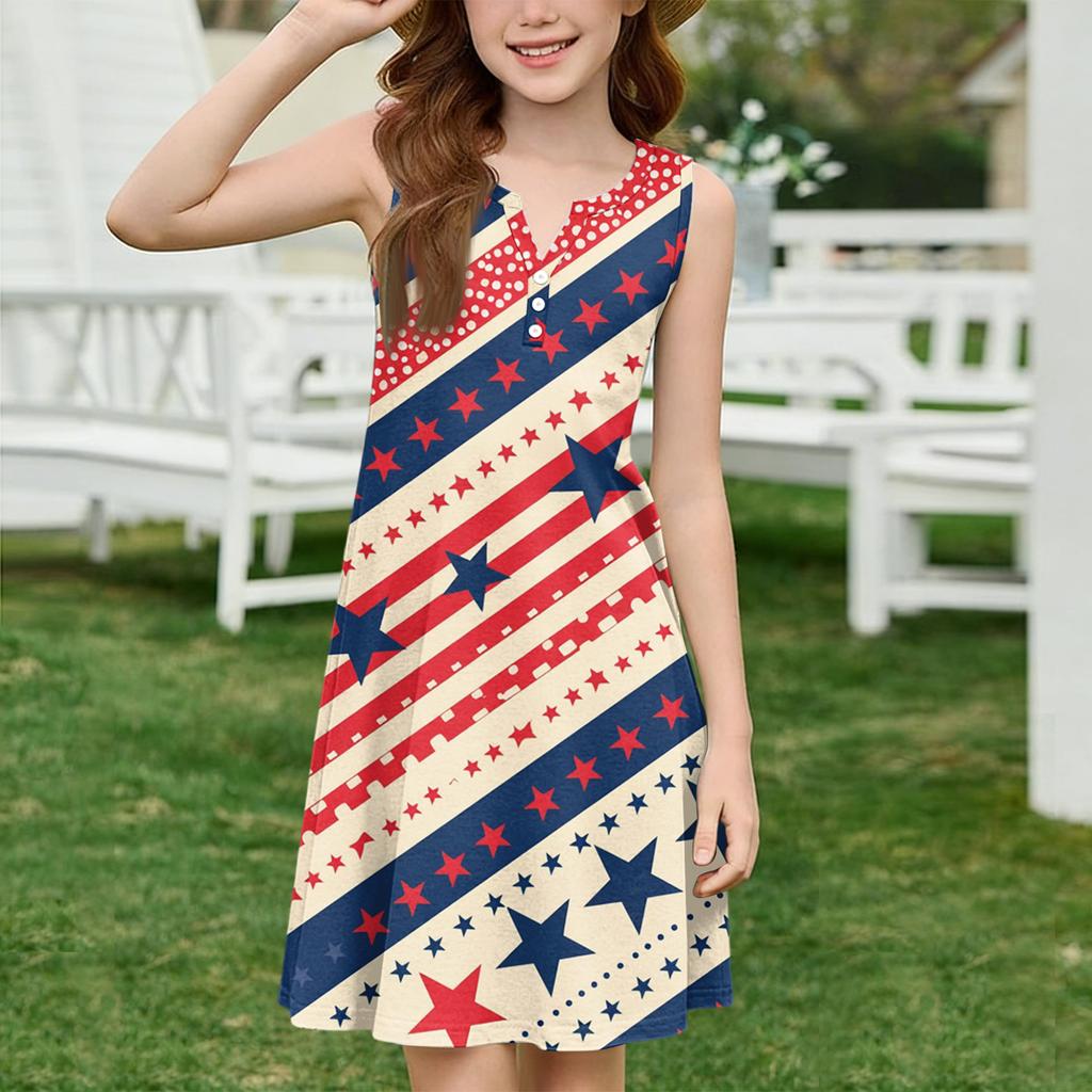 Girl Summer Dress Color & Print Sleeveless Dress With Pocket Casual Dress Sleeveless Party Dress Independence Day