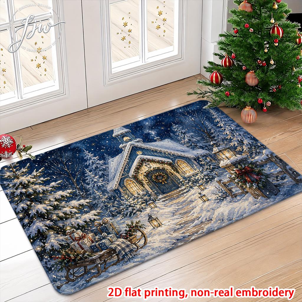 1pcs Christmas Welcome Doormat Winter Snow Scene Non-Slip Bathroom Kitchen Floor Mat Holiday Decor Rug