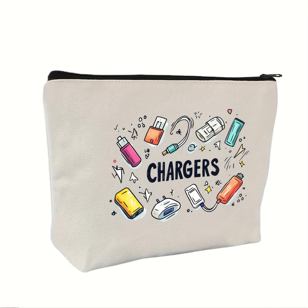 Charger Organizer Pouch Playful Charger Design Black Zipper Closure Ideal for Travel Cables & USB Storage, Unisex Adult Accessory