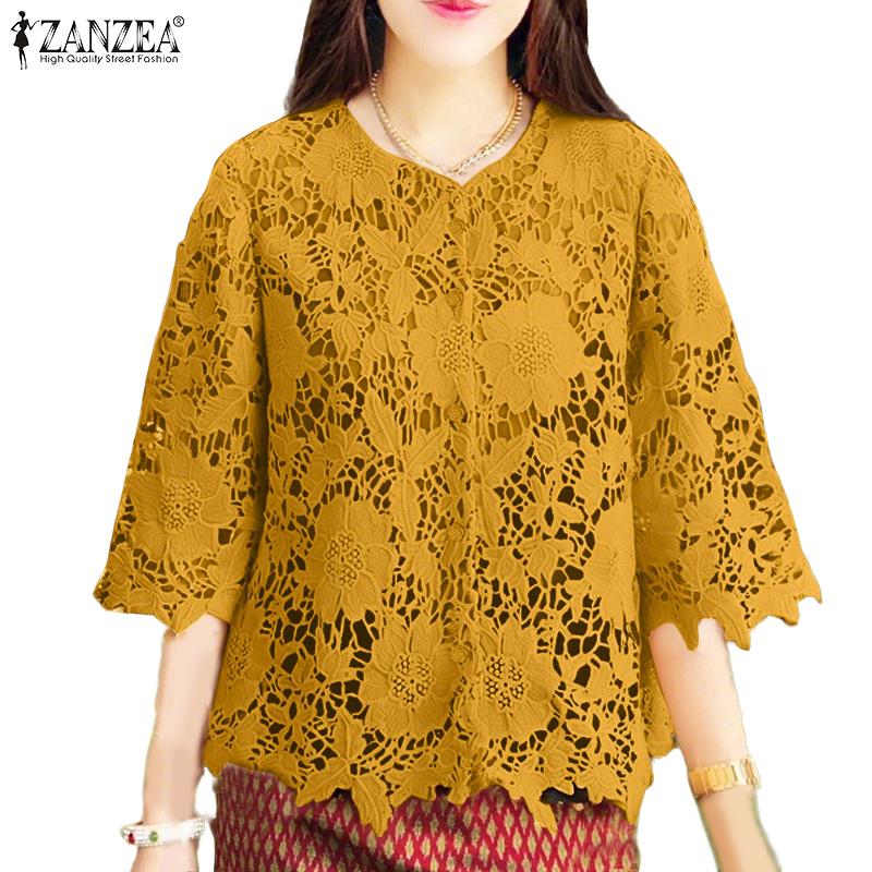 ZANZEA Womens Casual 3/4 Sleeve Lace Crochet Patchwork Loose Blouse