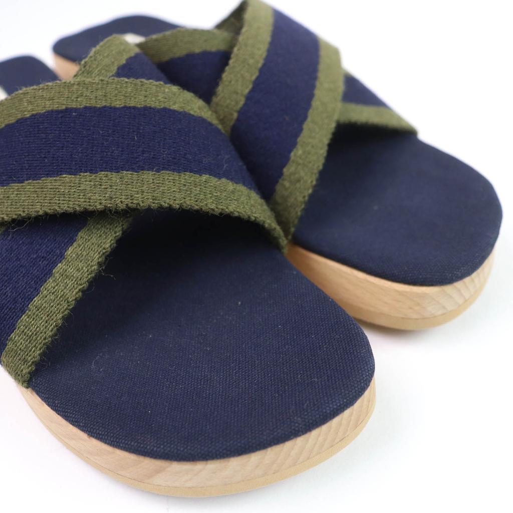 Hermes Sandals Fool Toe Canvas Wood Navy Canvas Women 36 Used