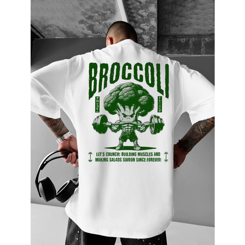 Men'S Heavyweight T-Shirt - Broccoli Graphic Back Print - Gym & Casual Streetwear Tee - Breathable Summer - Everyday ,Comfortable Fit