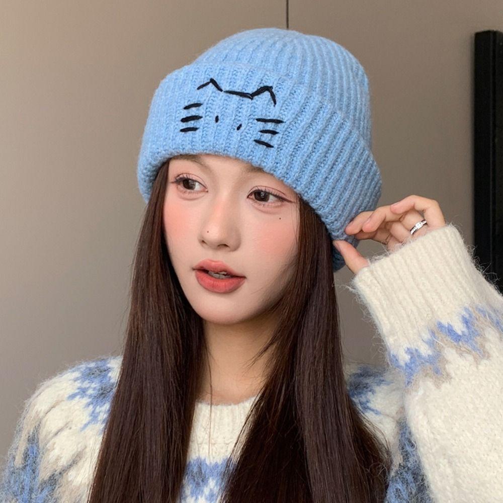 Embroidered Kitten Knit Beanies Warm Printing Knit Cap Cute Cat Knitted Hat  Apparel Accessories