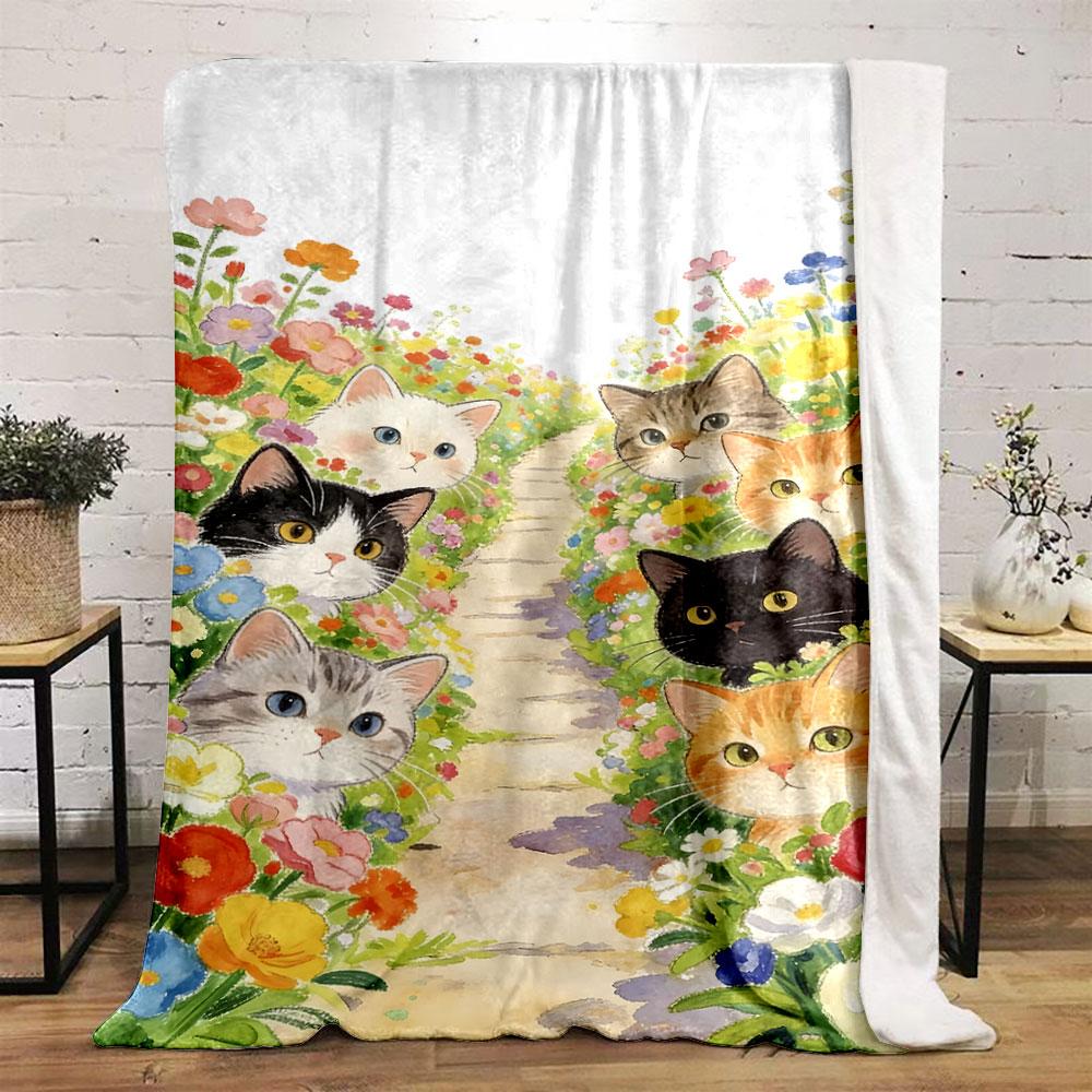 Cats In a Colorful Flower Pathway Print Blanket Soft and Cozy Perfect for the Living Room Bed Sofa or a Nap,gift