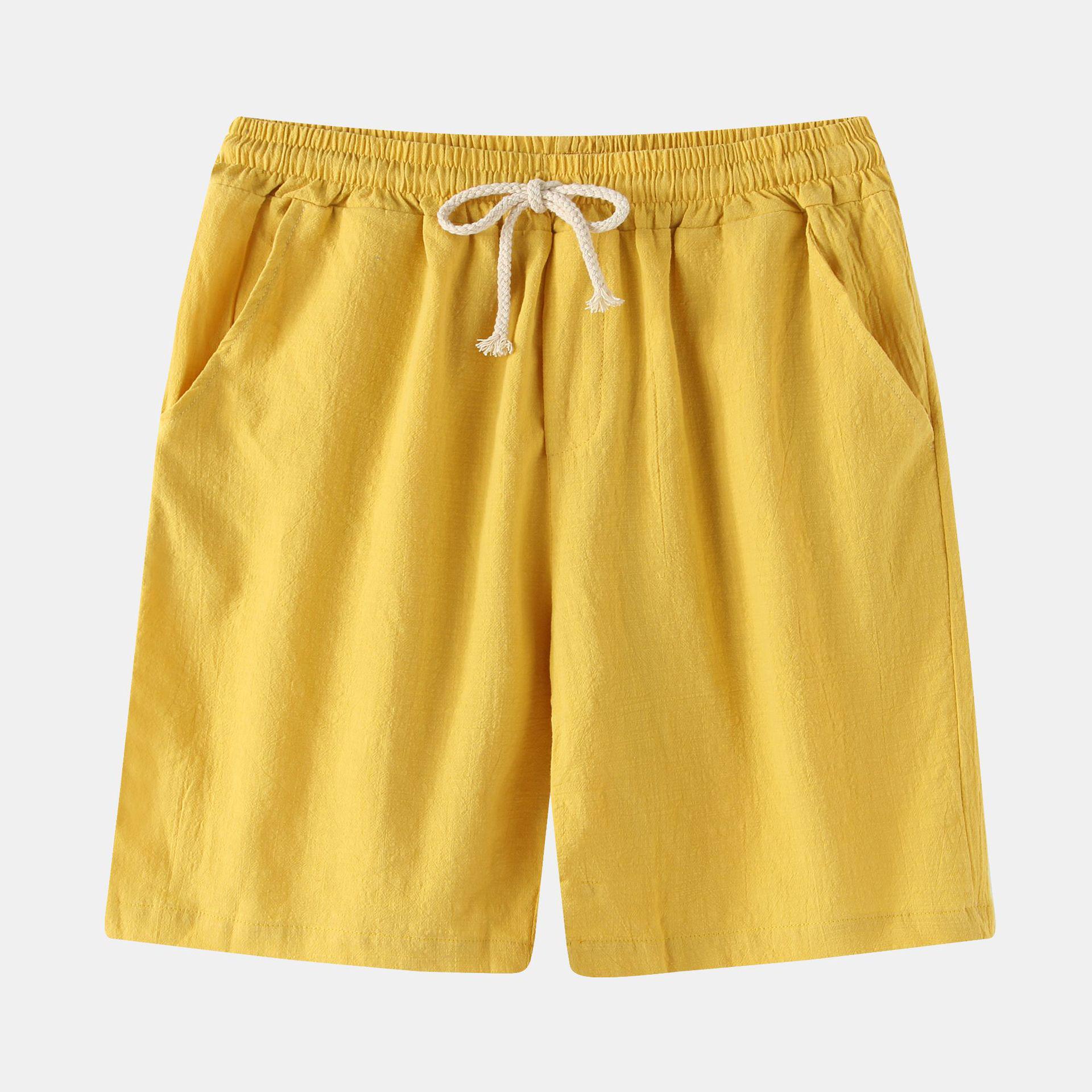 Men s 2026 Summer Cotton Linen Retro Shorts - Plus Size Elastic Waist S жёлтый