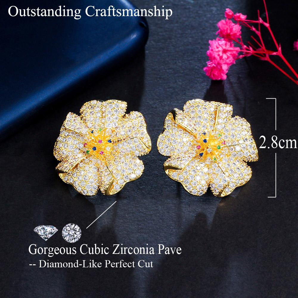 CMM Brilhante Micro Cubic Zirconia Pavimentado Africano Cor Ouro Grande Geométrico Flor Brincos para Mulheres Festa Wear
