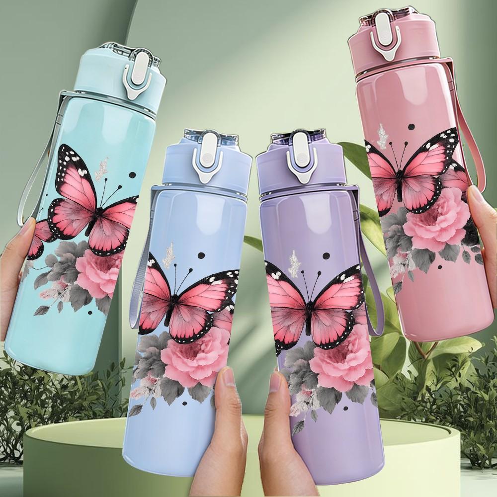 1PC Pink Butterfly Flower Art Print 750ml Color Plastic Sports Water Bottle Leakproof Flip Straw Lid Suitable for Sports Office Home Use
