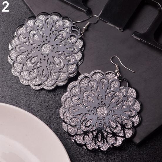 Women Vintage Ethnic Chic Large Round Hollow Flower Dangle Eardrops Hook Earrings