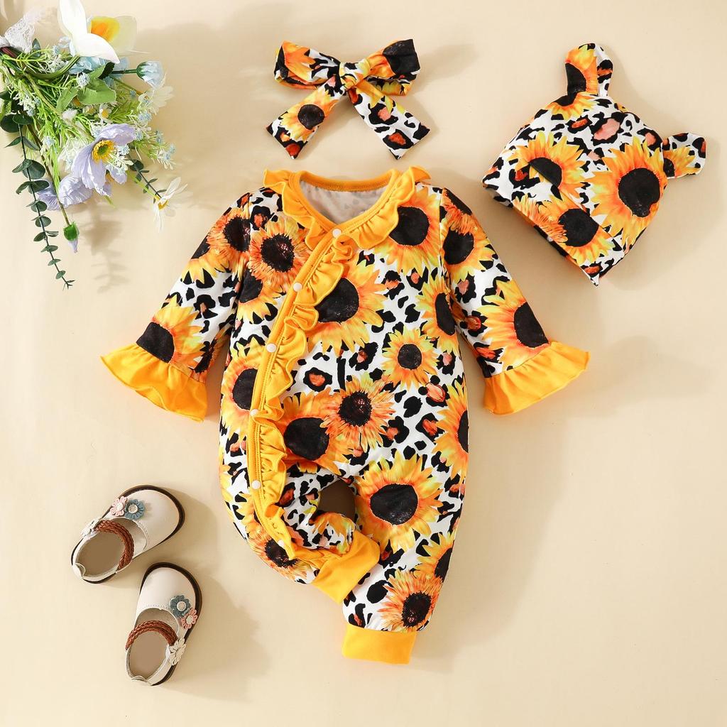 Baby Horn Floral Bodysuit & Lace Hat Set - Girl's Three-Piece Outfit for Crawling
