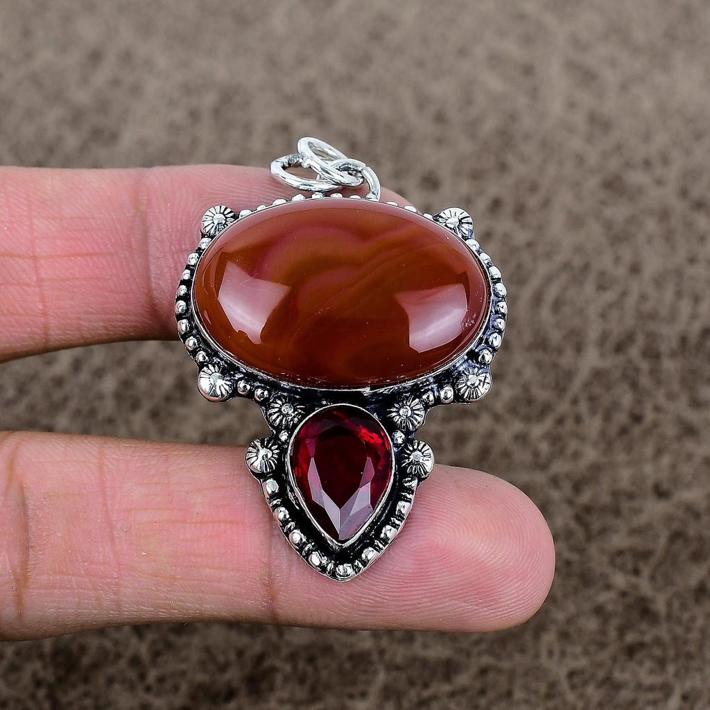 Carnelian, Garnet Gemstone 925 Sterling Silver Jewelry Pendant 2.01" KKG-346