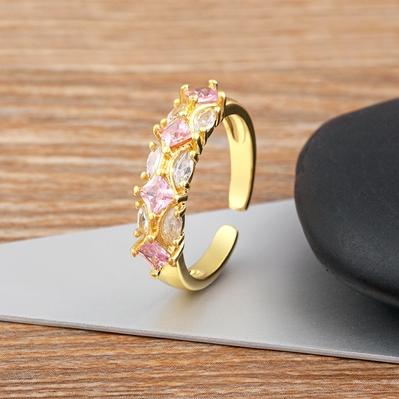 

Nidin Shine Zircon Geometric Open Ring For Women Gold Plated Adjustable 5 Colors Female Wedding Aesthetic Jewelry Gift Wholesale рожевий