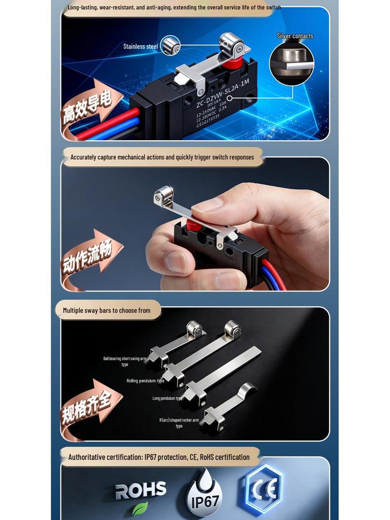 IP67 Waterproof Micro Switch, 5L1B/5L2A/5L3 Models, Straight Lever Roller, 1 NO/1 NC Limit Switch.